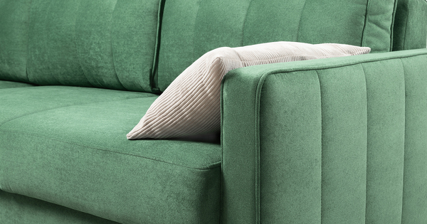 Диван-кровать угловой Арно ТД 566 велюр Лаки 20 хвойный зеленый, Vertical 910 молочно-серый, сборка на любую сторону