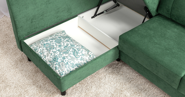 Диван-кровать угловой Арно ТД 566 велюр Лаки 20 хвойный зеленый, Vertical 910 молочно-серый, сборка на любую сторону