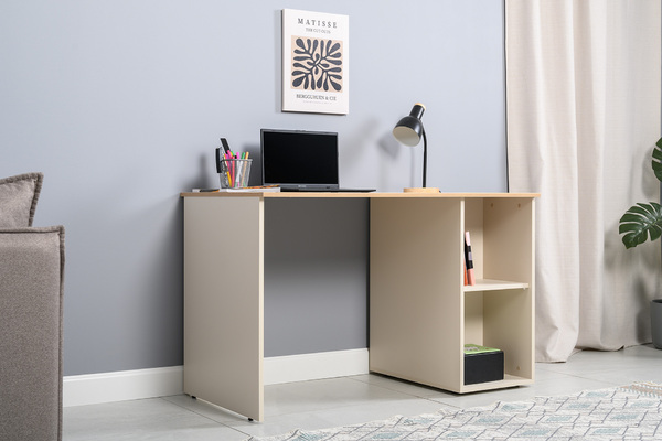 Стол письменный Лайт 12.163 сатин 7045 SU, гикори рокфорд натуральный KO86 PW, сборка на любую сторону, два варианта сборки тумбы