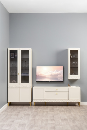 Гостиная Марион композиция 3 слоновая кость С341 PE, слоновая кость 6898 ПВХ, белый PE шагрень (собирается на любую сторону)