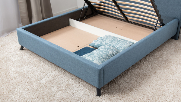 Кровать Миа 160 рогожка светло-синий, кант желтовато-коричневый с ортопедическим основанием и подъемным механизмом