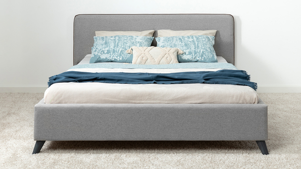 Кровать Миа 160 рогожка серый, кант желтовато-коричневый с ортопедическим основанием и подъемным механизмом