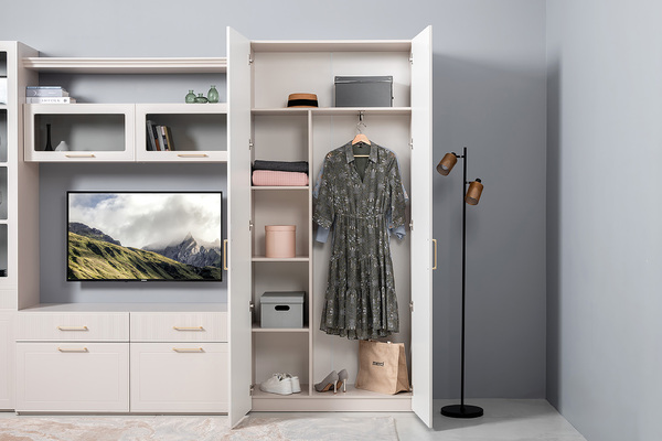 Гостиная Ричфорд композиция 1 с карнизами, кашемир 5981 BS, моно керамика D166-2 ПВХ, белый PE шагрень (собирается на любую сторону)