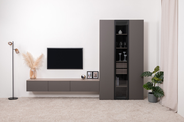 Гостиная Роквуд композиция 2 Эмили Блаш U9135, Графит мягкая шагрень 2998 ПВХ, закаленное тонированное стекло, собирается на любую сторону